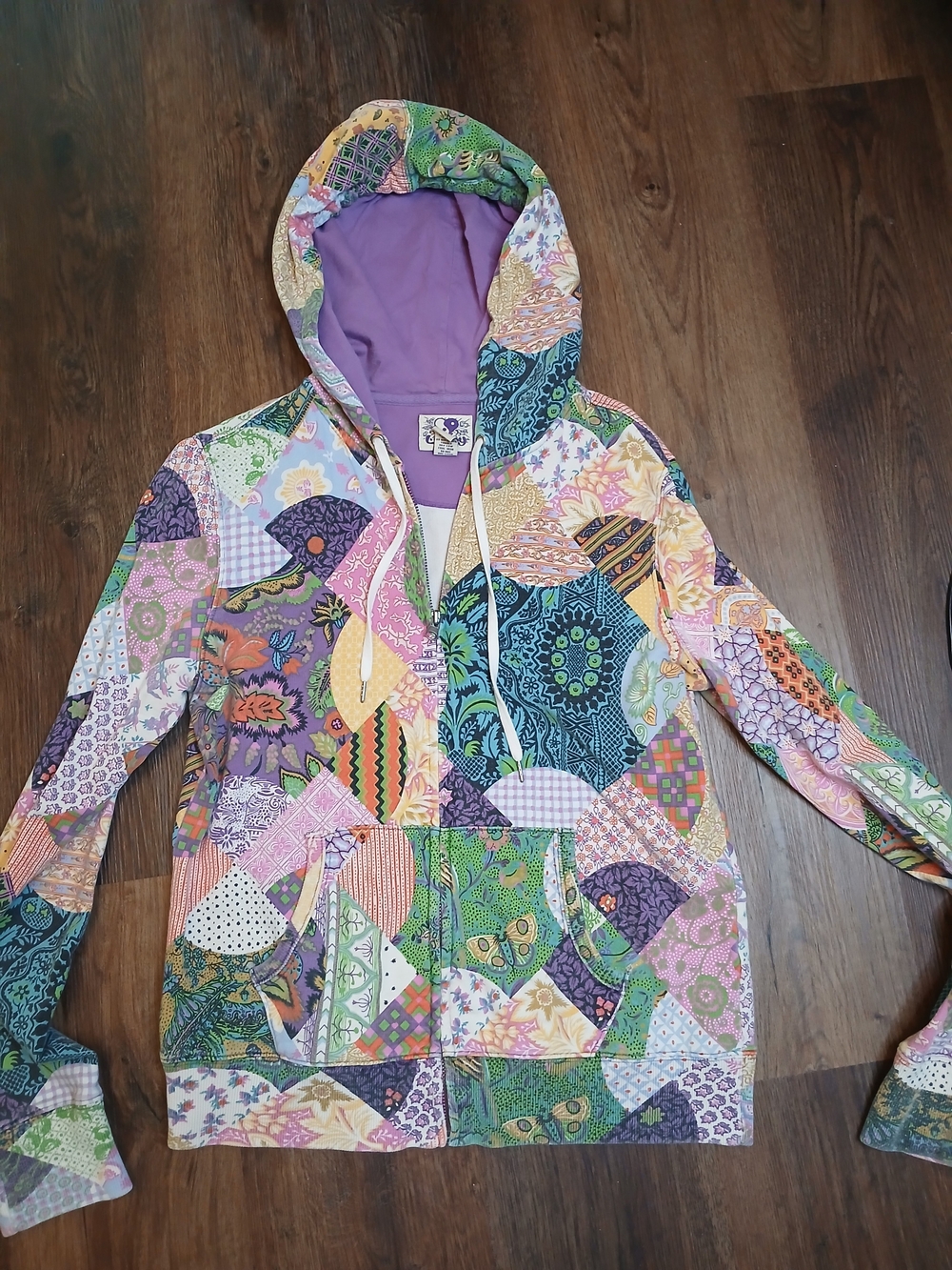 Lucky Brand Y2K Patchwork Hooded Zip Jacket - Purple, Green, Pink, Yellow
